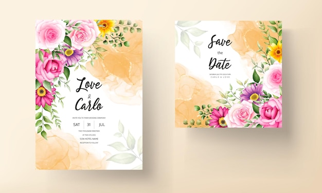 Beautiful blooming flower watercolor wedding invitation card