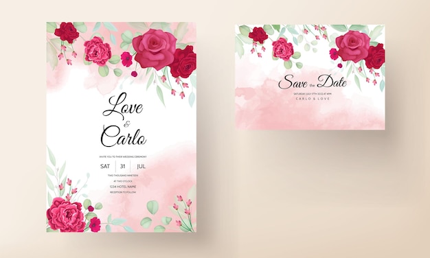 Free vector beautiful blooming rose and peony flower wedding invitation card