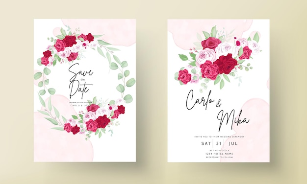 Beautiful blooming rose and peony flower wedding invitation card