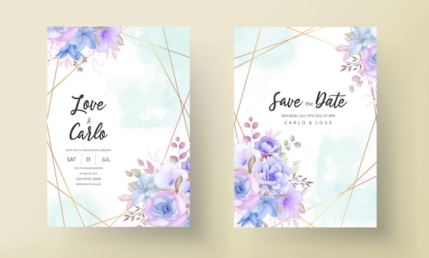 아름다운 파란색과 보라색 꽃과 잎 결혼식 초대 카드 디자인