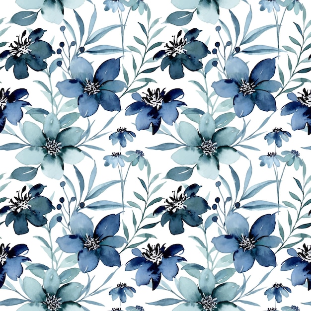 Beautiful blue floral watercolor seamless pattern