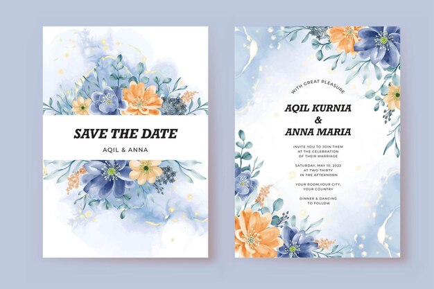 Beautiful blue orange floral wedding card template