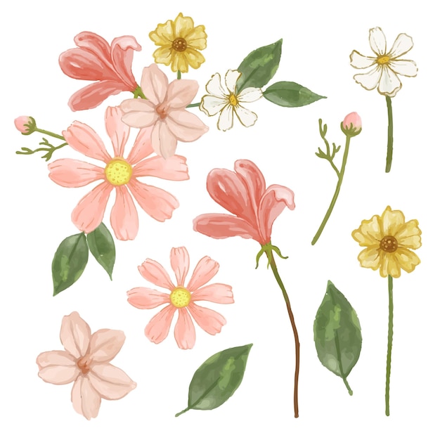 Free vector beautiful bouquet of flowers and leave for decoration in water colors style