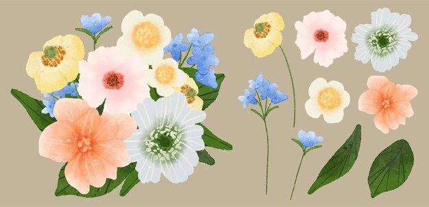 Free Vector beautiful bouquet of flowers and leave for decoration in water colors style