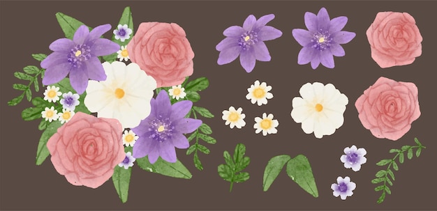 Beautiful bouquet of flowers and leave for decoration in water colors style