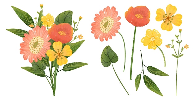 Free vector beautiful bouquet of flowers and leave for decoration in water colors style