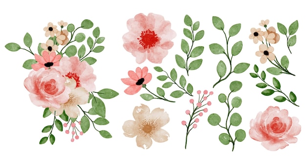 Free vector beautiful bouquet of flowers and leave in water colors style