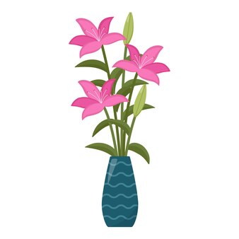 Beautiful bouquet of lilies in vase, vector illustration