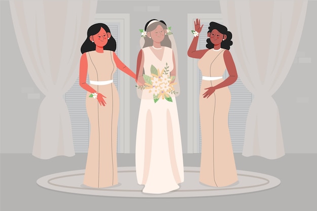 Free vector beautiful bridesmaids with bride celebrating