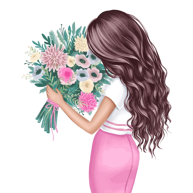 プレミアムベクター 花の花束と美しいブルネット ファッションイラスト
