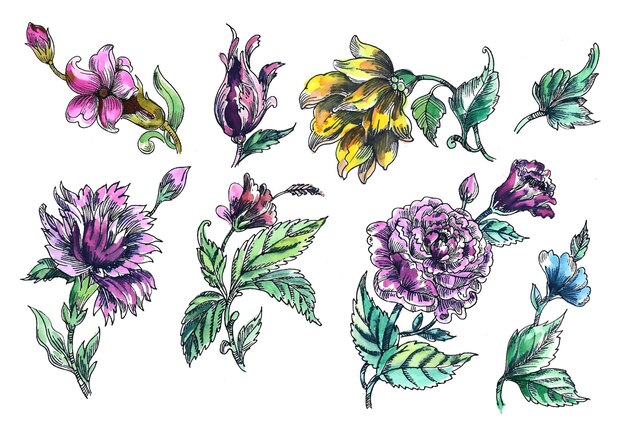 Vettore gratuito bellissimo mazzo di fiori set disegno ad acquerello