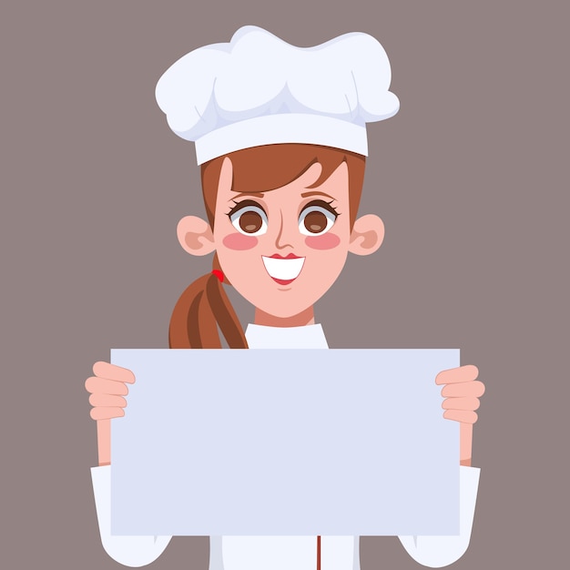 Free vector beautiful chef holding a placard to presenting character