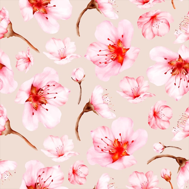 Free vector beautiful cherry blossom watercolor floral seamless pattern