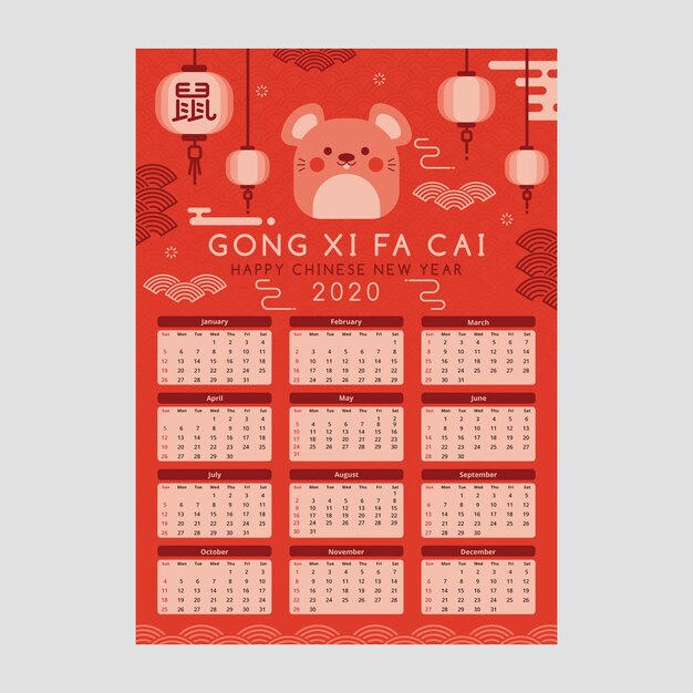 Beautiful chinese new year calendar in flat design