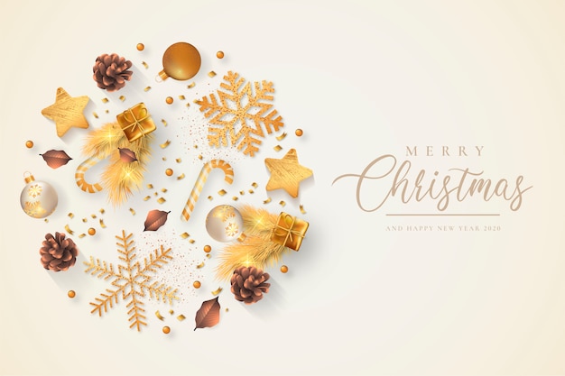 Free vector beautiful christmas background with golden ornaments