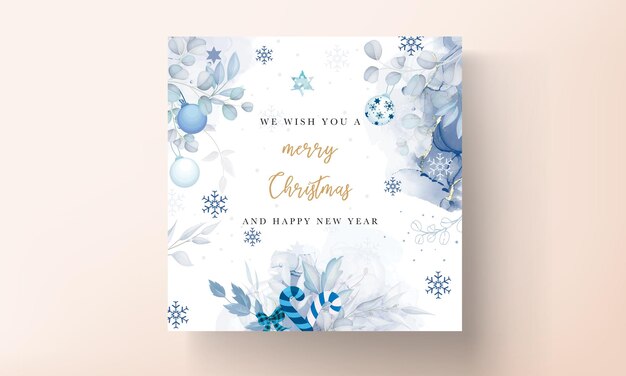 красивый шаблон рождественской открытки с белыми и синими рождественскими украшениями