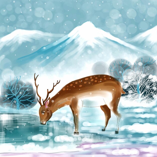 Beautiful christmas landscape in winter with christmas deer card background