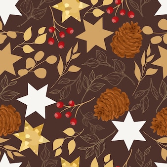 Beautiful christmas seamless pattern with gold leaves and christmas ornament