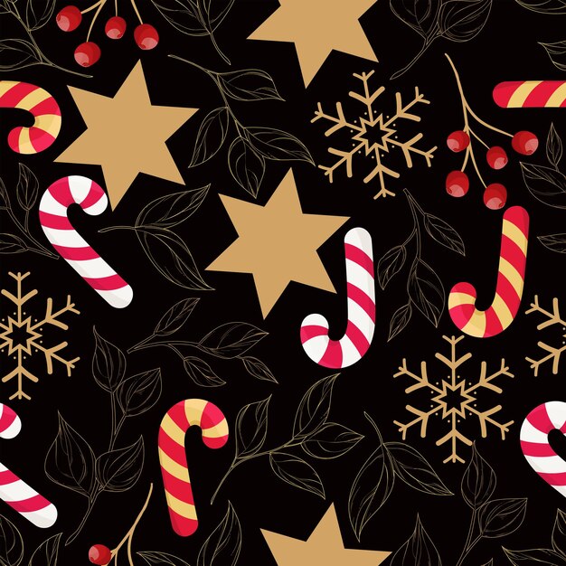 beautiful Christmas seamless pattern with gold leaves and Christmas ornament