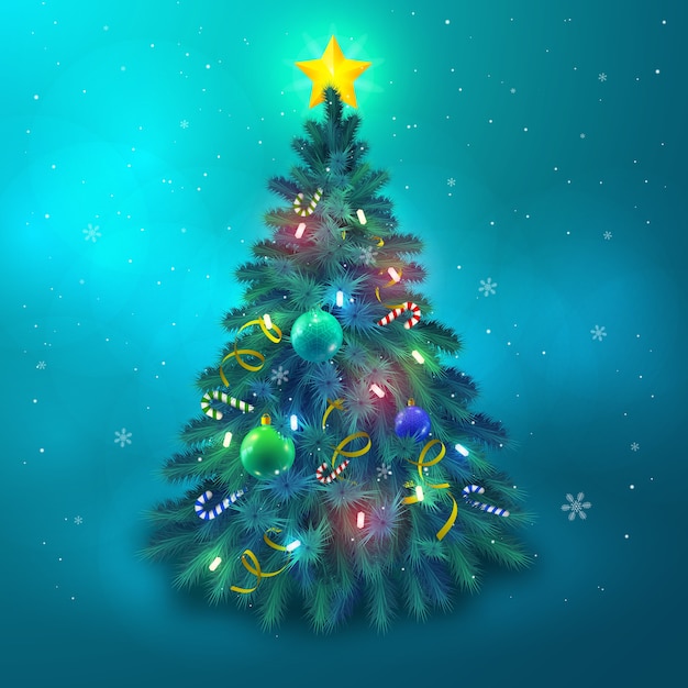 Красивая рождественская елка, украшенная звездными шарами и огнями, плоская векторная иллюстрация