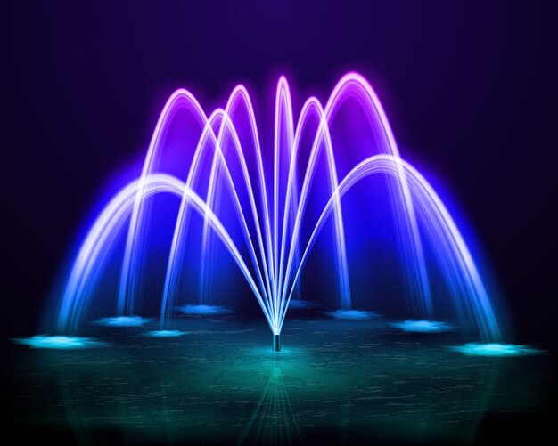 Красивые красочные танцы открытый струи воды фонтан в темной ночи дизайн фона реалистично