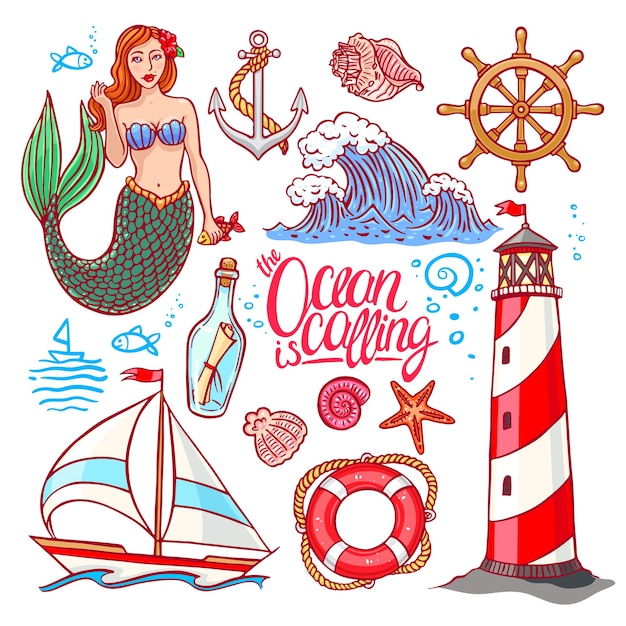 マリンをテーマにした美しいカラフルなセット 人魚と灯台 手描きイラスト プレミアムベクター