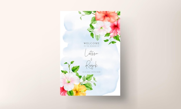 beautiful colorful watercolor hibiscus flower wedding card set