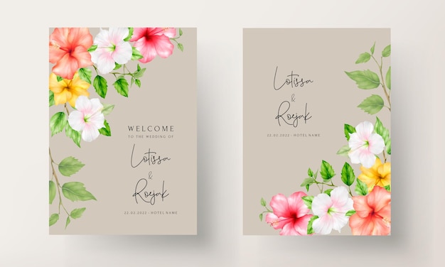 Free vector beautiful colorful watercolor hibiscus flower wedding card set