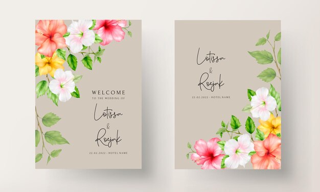 beautiful colorful watercolor hibiscus flower wedding card set