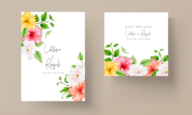 아름다운 다채로운 수채화 히비스커스 꽃 웨딩 카드 세트