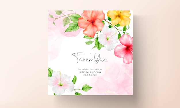 Free vector beautiful colorful watercolor hibiscus flower wedding card set