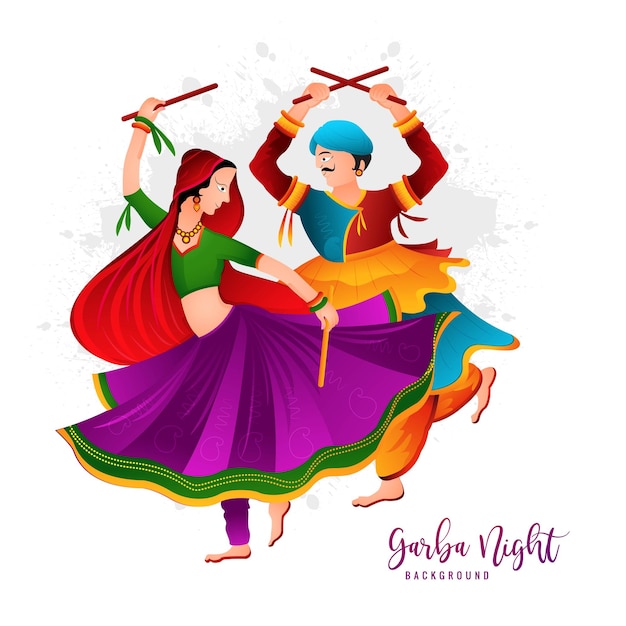 Free vector beautiful couple playing dandiya in disco garba night background