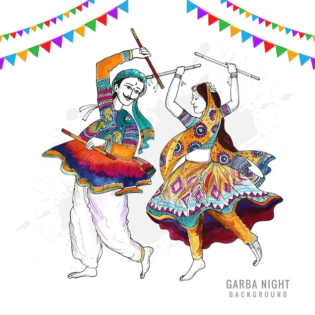 Belle coppie che giocano a dandiya in discoteca garba sullo sfondo di notte