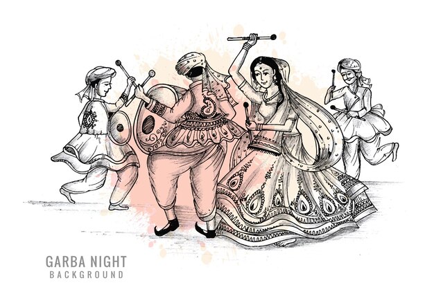 Beautiful couple playing dandiya in disco garba night sketch background