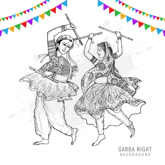 Free vector beautiful couple playing dandiya in disco garba night sketch background