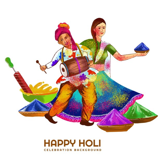 Beautiful couple playing festival of colors happy holi colorful background