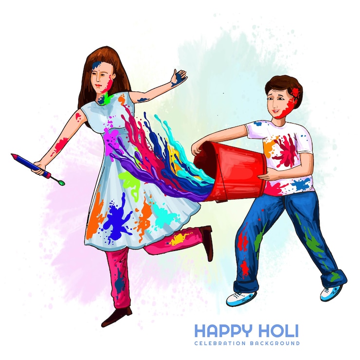 मुफ़्त वेक्टर सुंदर जोड़ा रंगों के त्योहार में खुशियाँ मना रहा है, रंगीन होली बैकग्राउंड