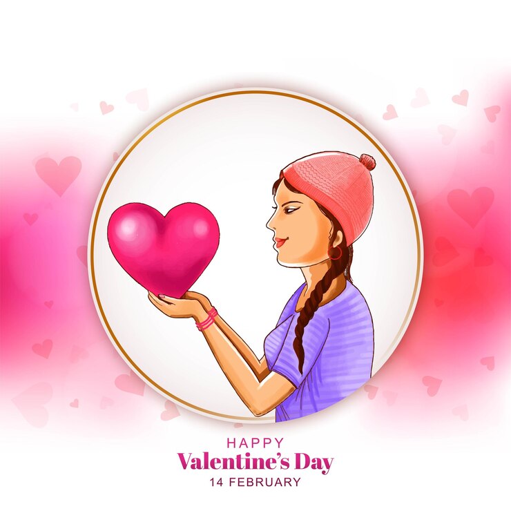 मुफ़्त वेक्टर वैलेंटाइन्स डे सेलिब्रेशन कार्ड बैकग्राउंड के लिए खूबसूरत प्यारी लड़की हाथ में दिल लिए हुए