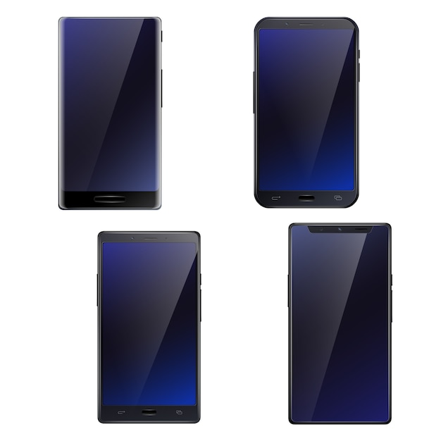 Free vector beautiful dark blue glossy all screen front touchscreen smartphones realistic  4 mobile phones set isolated  illustration