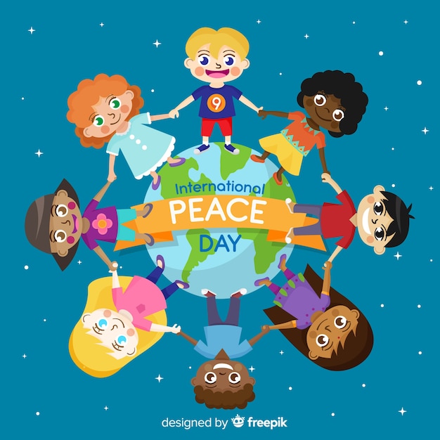 Beautiful day of peace background with kids holding hands and world map