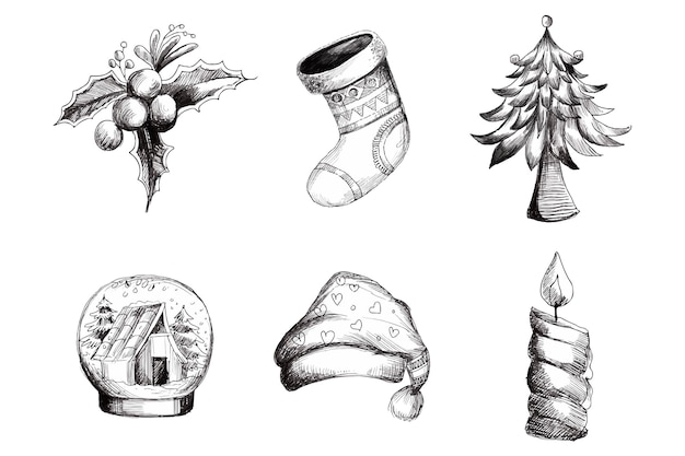 Бесплатное векторное изображение Красивые декоративные рождественские элементы эскиз набор фона