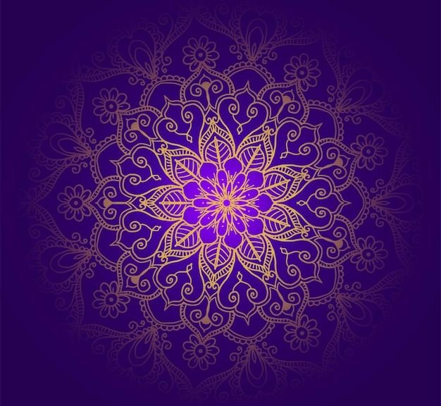 Bellissimo mandala dorato decorativo con sfondo di colore viola