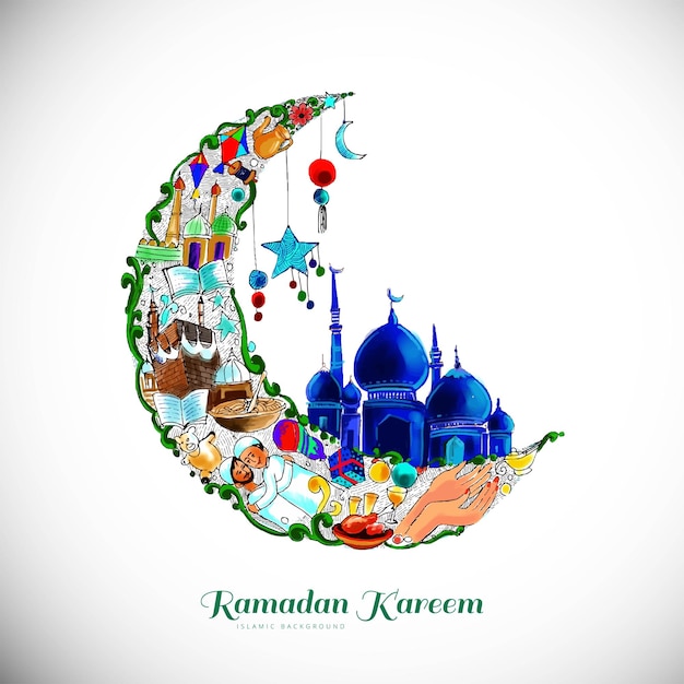 Vettore gratuito bella luna decorativa e moschea ramadan kareem sfondo