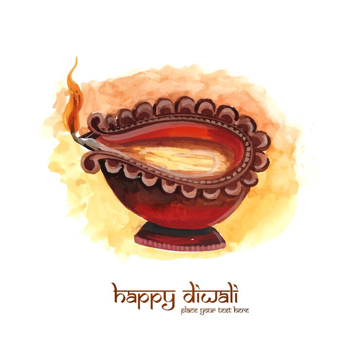 मुफ़्त वेक्टर beautiful diwali greeting card with watercolor diya card design