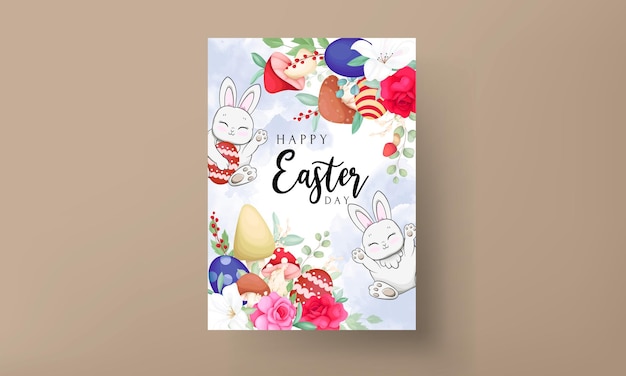 Beautiful easter card with cute bunny  mushroom and beautiful flower