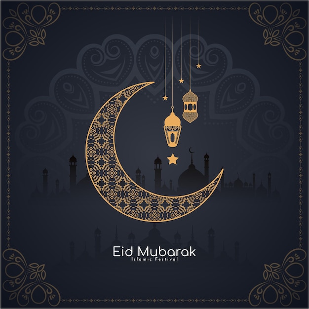 Beautiful eid mubarak festival greeting islamic card crescent moon design