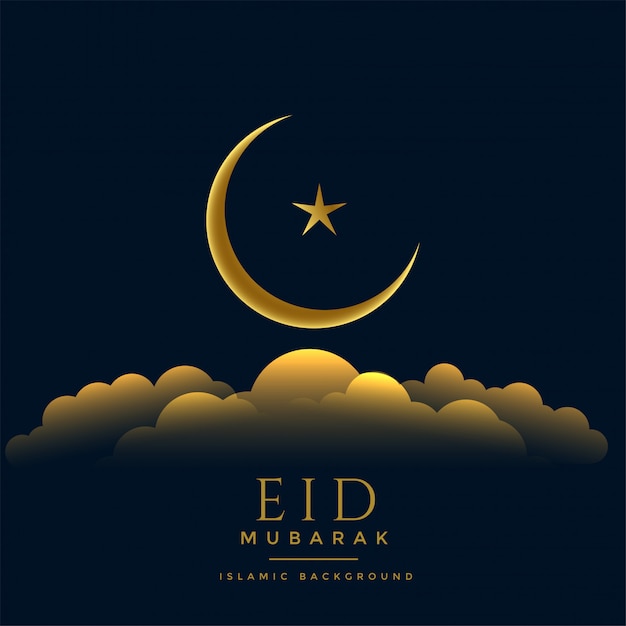 Vettore gratuito bella eid mubarak stella dorata luna e nuvole