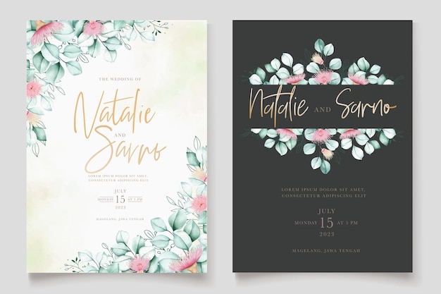 Beautiful eucalyptus flower and leaves wedding invitation card set