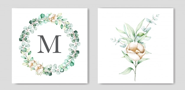 Free vector beautiful eucalyptus wedding invitation card set