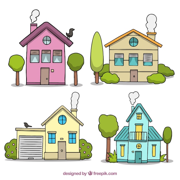 Free vector beautiful facades of houses hand drawn with trees